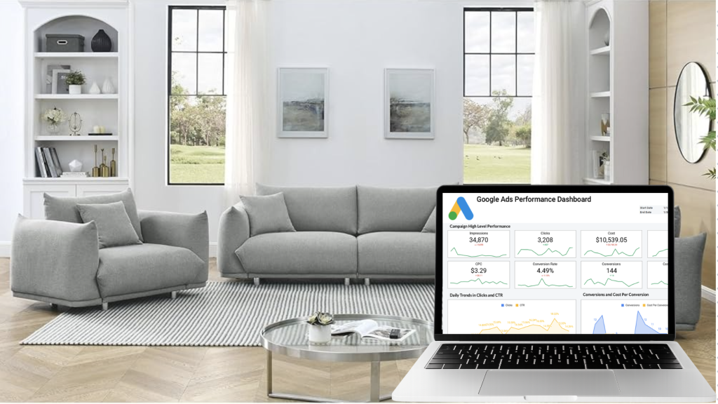 Living room set with a laptop featuring a google ads dashboard.